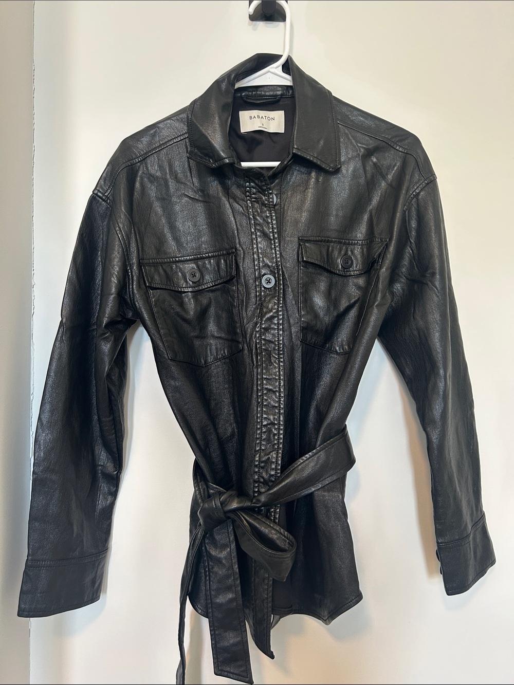Babaton Black Leather Belted Shirt-Style Jacket